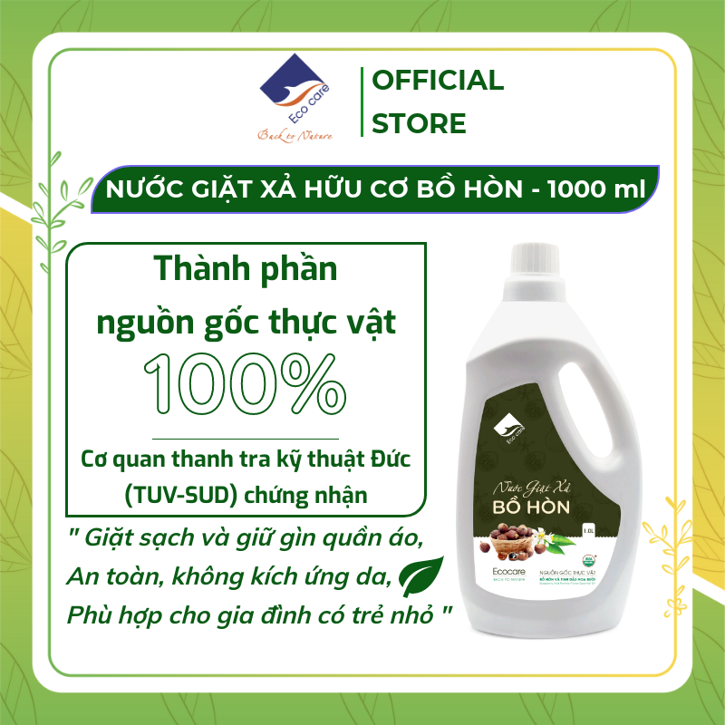 Nước giặt xả Hữu cơ Bồ hòn Ecocare 1000ml tinh dầu hoa bưởi, Nước giặt hữu cơ tự nhiên kiêm nước xả vải hữu cơ, 100% thành phần tự nhiên, an toàn cho sức khỏe, mềm dịu với da tay