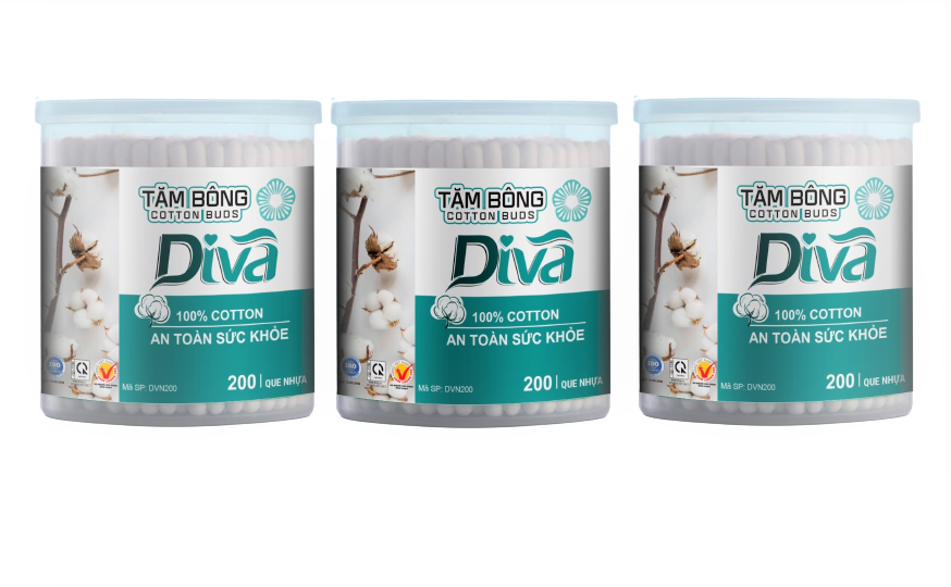Lô 3 hộp tăm bông diva 200 que nhựa