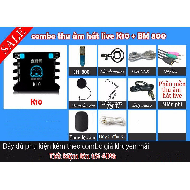 Bộ combo đầy đủ hát karaoke livestream tẹt ga cùng sound card xox k10 + micro bm 800 + dây livestream +chân kẹp+màng lọc