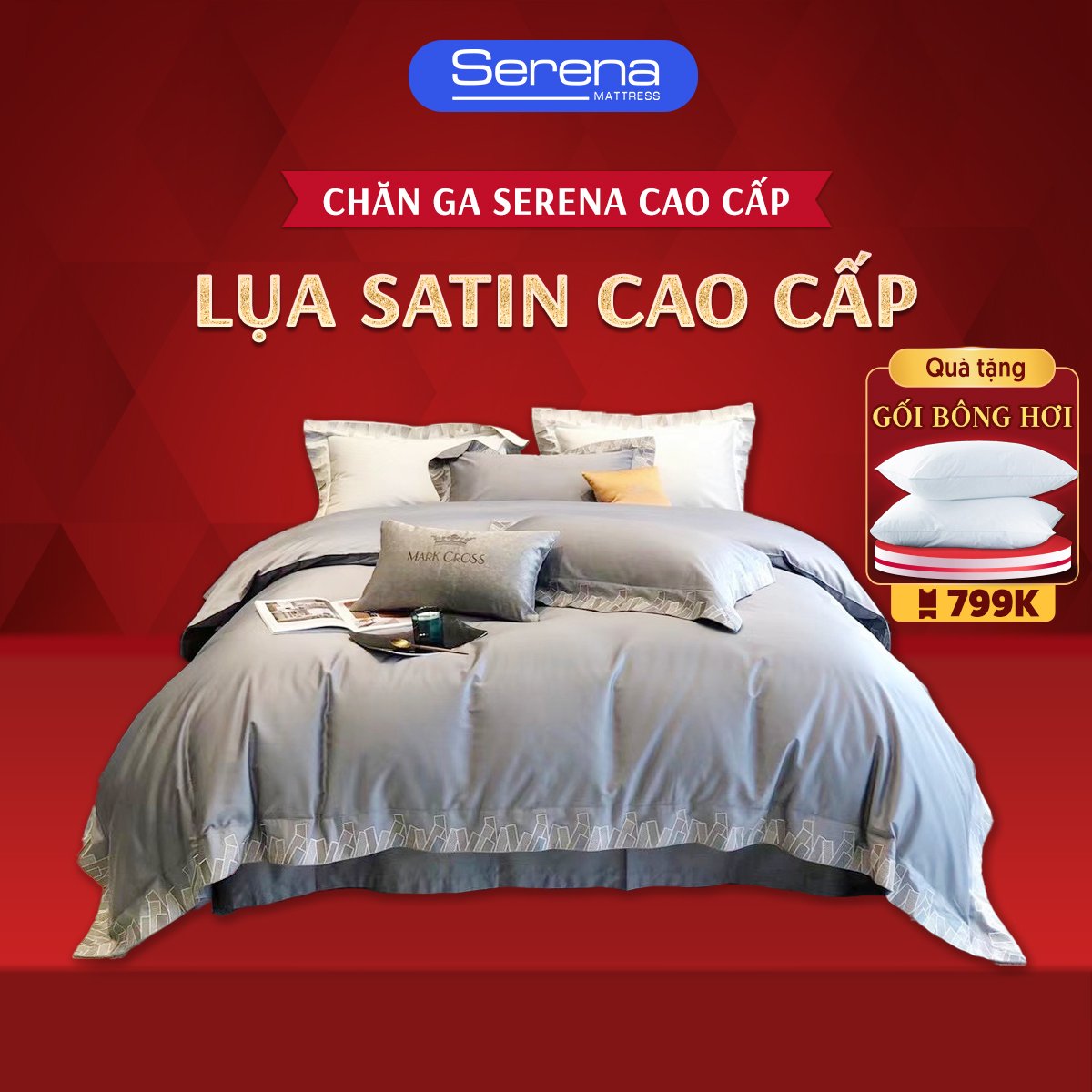 Chăn ga gối nệm cao cấp 5 món lụa satin SERENA chính hãng set chăn ga ra drap grap gối mền nệm đệm trải bọc giường người lớn 5 món phi lụa satin mát lạnh hè sang trọng cao cấp - Serena Việt Nam