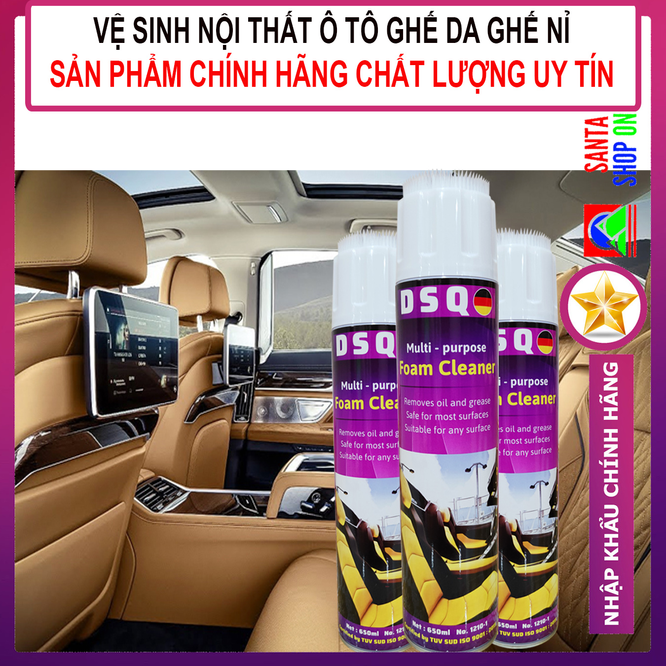 [TẨY SẠCH 100%] Chai Xịt Vệ Sinh Nội Thất Ô tô - Tẩy Vết Bẩn Trên Ghế Da, Sofa, Nhựa Nhám Xe Hơi - Bọt Tẩy Rửa Đa Năng - Làm Sạch Bàn Kính, Tivi, Laptop, Đồ Điện Tử - DSQ FOAM CLEANER 650ML- SANTA Nhập Khẩu