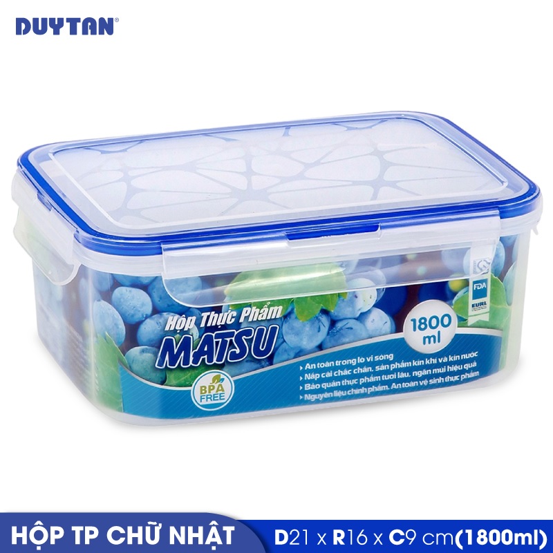 Hộp đựng thực phẩm chữ nhật nhựa DUY TÂN Matsu 1800ml (21 x 16 x 9 cm) - 03222