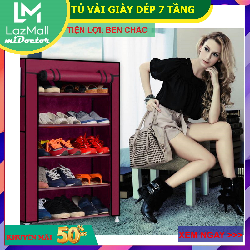 Tủ vải để giày dép đa năng ĐỎ, Kệ giầy dép 7 tầng 6 ngăn Chính hãng miDoctor
