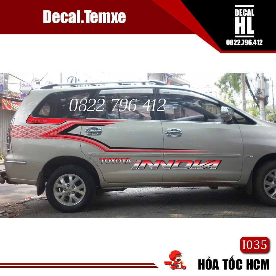 Tem dán sườn xe Innova màu đỏ đen. Tem dán sườn xe innova màu mới