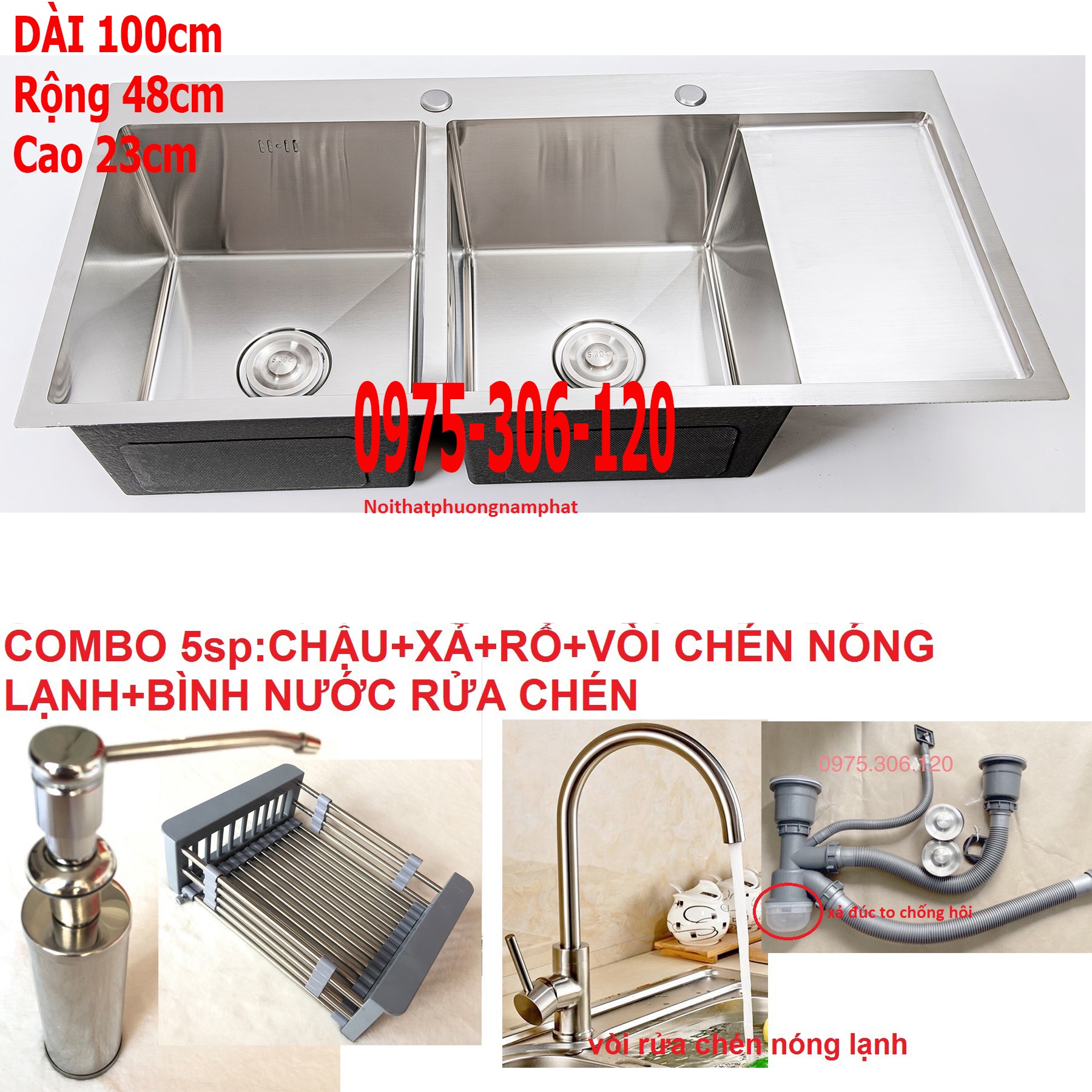 [HCM][CHẬU ĐÚC] Combo Chậu Rửa Chén Bát INOX 304 N1 10048 NA.GRAND và Xả Thoát Nước và Rổ Đa Năng và Vòi Rửa Chén Nóng Lạnh và Bình Nước Rửa Chén GIÁ SIÊU RẺ HÀNG ĐẢM BẢO