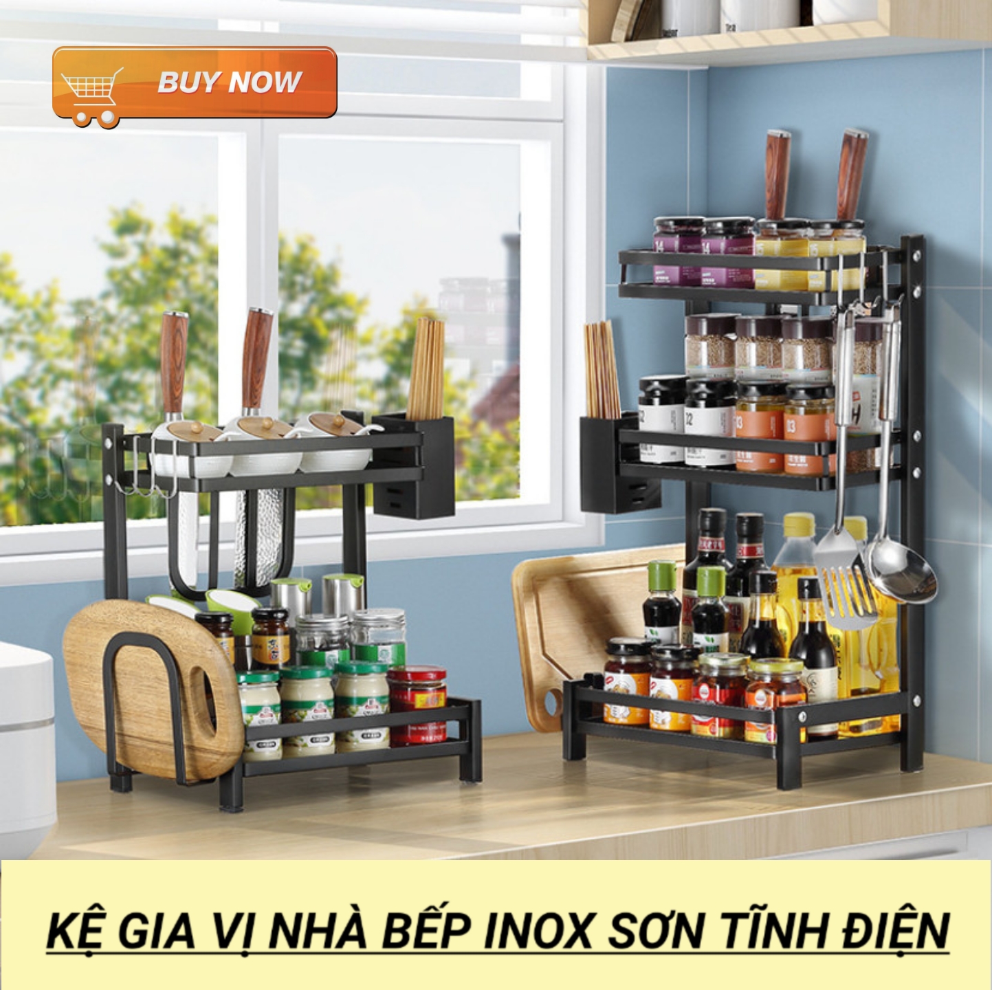 Kệ Đựng Gia Vị INOX Sơn Tĩnh Điện Chống Rỉ Cao Cấp 2, 3 Tầng Bản Đầy Đủ/Tiết Kiệm