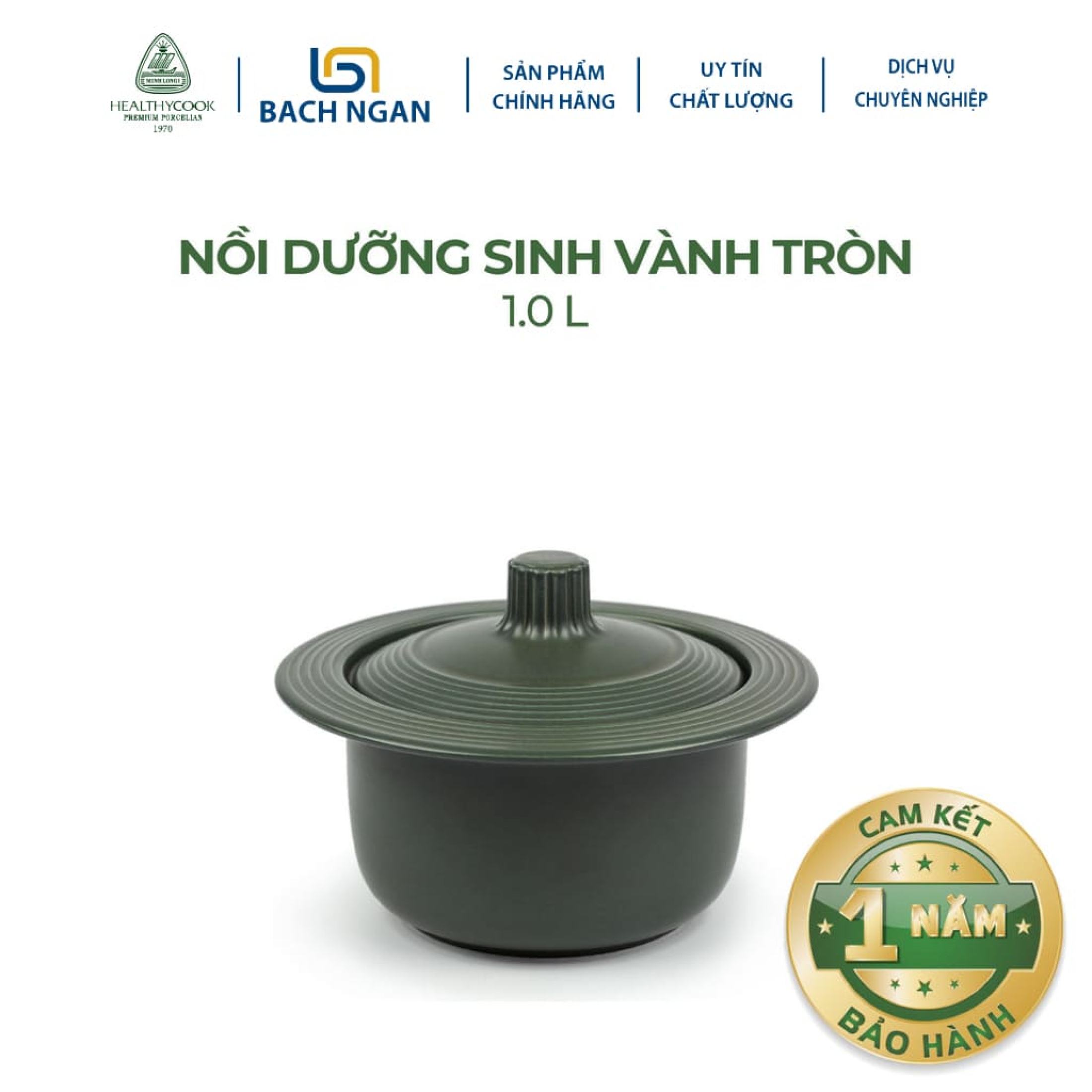 Nồi dưỡng sinh Minh Long Vành Tròn 1.0L dùng cho Bếp Ga, Hồng Ngoại có nắp đậy, tráng men màu sứ xanh rêu, có thể kho cá, hầm cháo - nồi đất