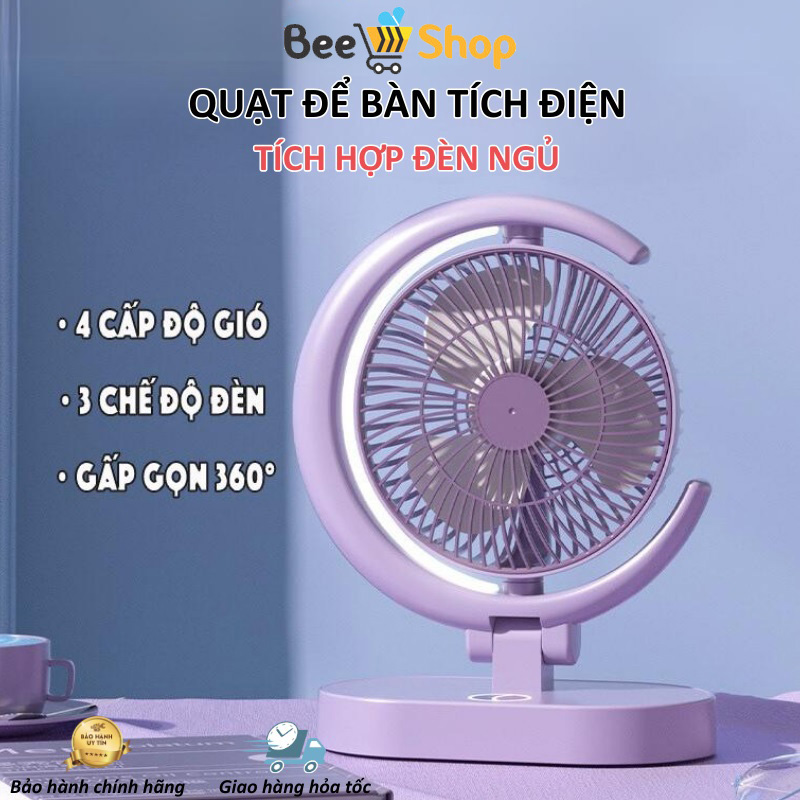 Quạt Để Bàn Tích Điện Mini 4 Cấp Độ Gió, Tích Hợp Đèn Ngủ Ánh Trăng, Động  Cơ Không Tiếng Ồn cổng sạc USB, Mức Pin Khủng, Quạt Tích Điện Đèn Led Siêu Sáng, Quạt Điện Có Đèn Led, Quạt Sạc Tích điện Hình Mặt Trăng , Quạt Để Bàn Gấp Gọn