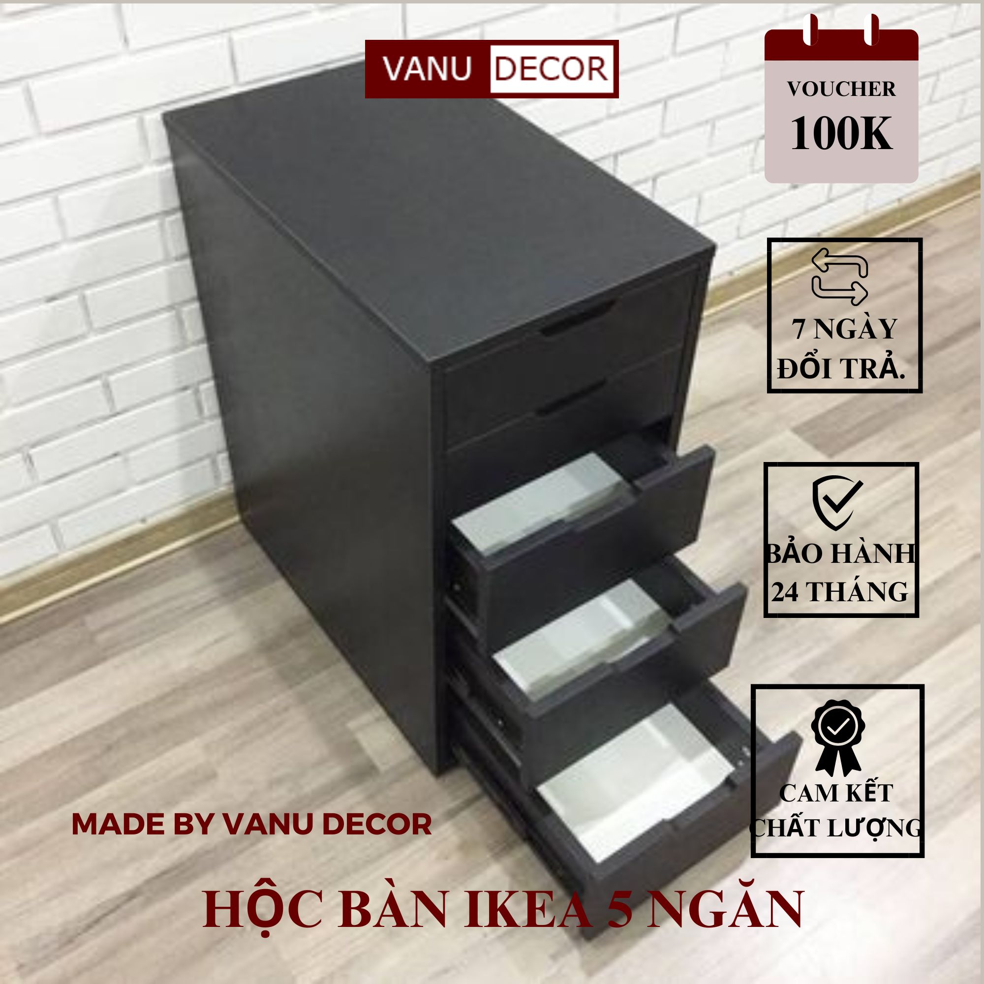 Hộc bàn 5 ngăn kéo, tủ di động văn phòng phong cách IKEA HB05