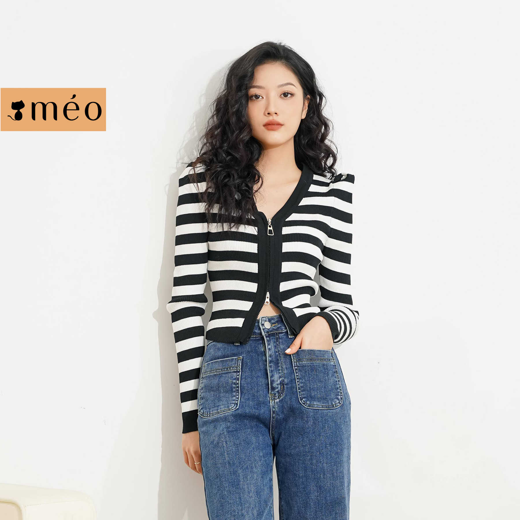 Áo len nữ Méo shop dài tay dáng croptop họa tiết kẻ sọc Harol