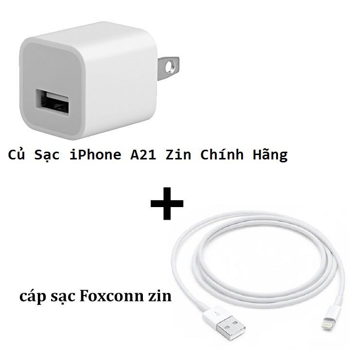 Combo sạc ip chân vuông A21 5w kèm cáp foxconn 6ic