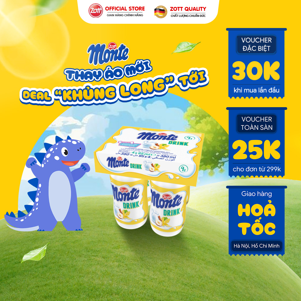 Giao Hoả tốc - Váng sữa uống Zott Monte Drink vị Vani nhập khẩu (lốc - 95ml x 4 chai) từ Sữa tươi, KHÔNG chất bảo quản