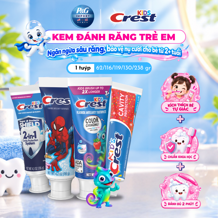 Kem đánh trắng răng trẻ em Crest Kids 62g/116g/119g/130g/238g ngăn ngừa sâu răng, bảo vệ nứu cho bé từ 2+ tuổi - Mỹ
