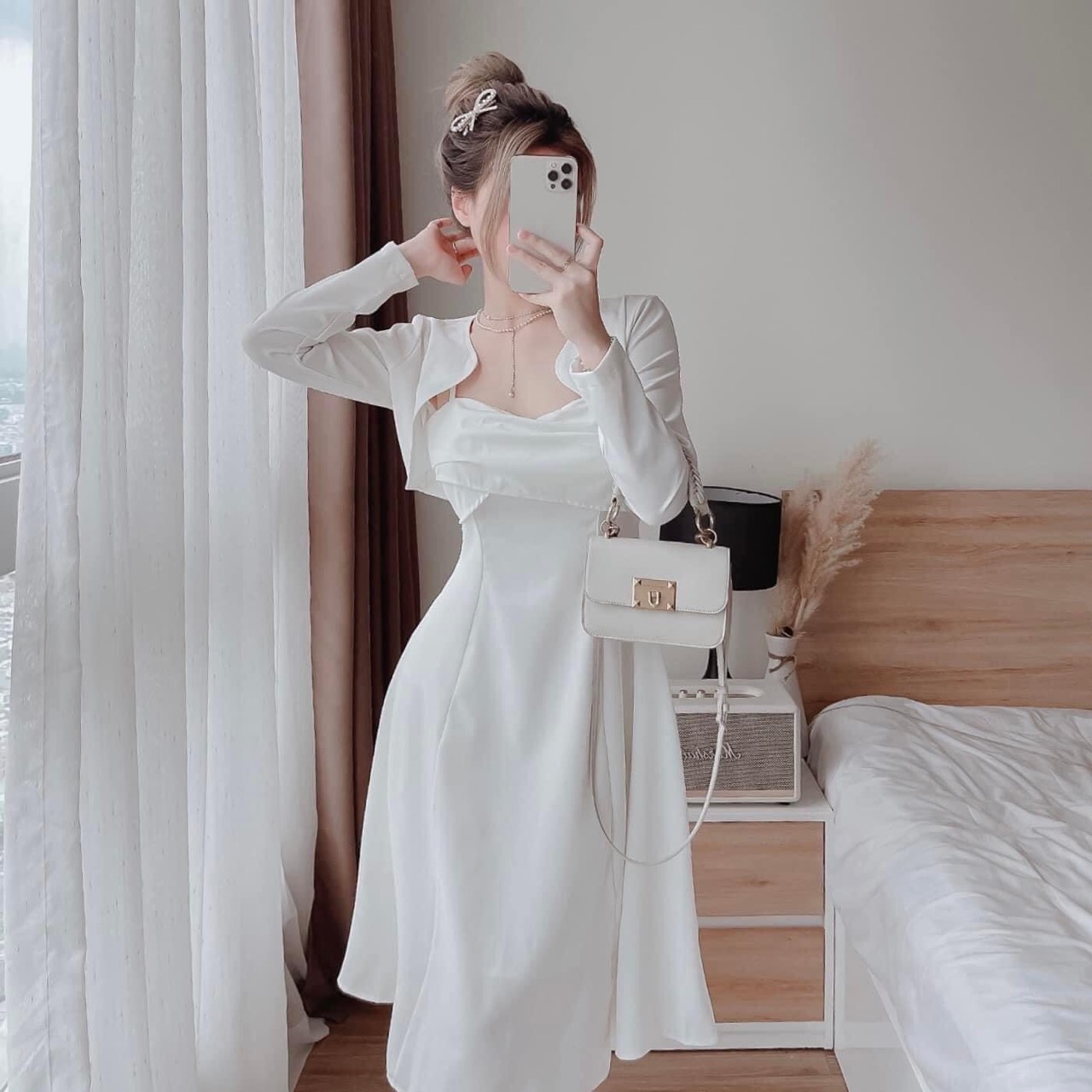 [Voucher 50k Freeship Max 0 đồng toàn quốc] Đầm trắng đi tiệc hai dây xoắn ngực kèm áo khoác ngoài thanh lịch đầm mặc đi đám cưới váy hai dây xòe áo khoác ngắn đầm tiểu thư sang chảnh mặc đi đám cưới