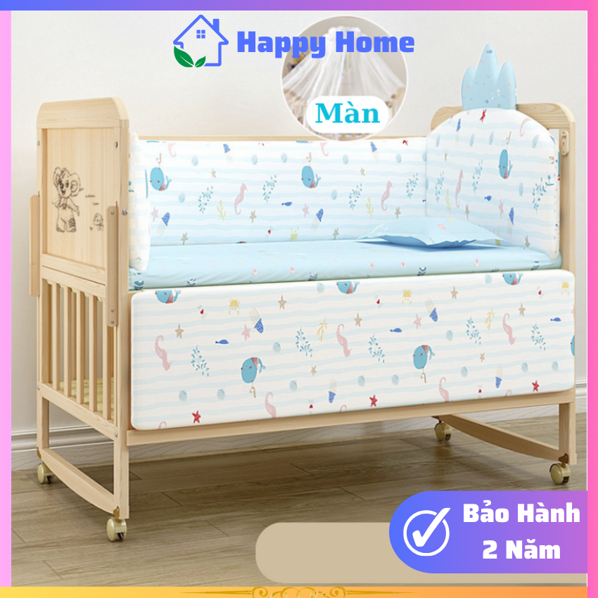 Nôi Cũi Trẻ Em, Cũi Cho Bé, Cũi Gỗ Thông 2 Tầng Chắc Chắn Kích Thước 105*60*90cm, Cũi Cho Bé An Toàn, Bánh Xe Di Chuyển Tiện Lợi BaBy Bed - HAPPY HOME