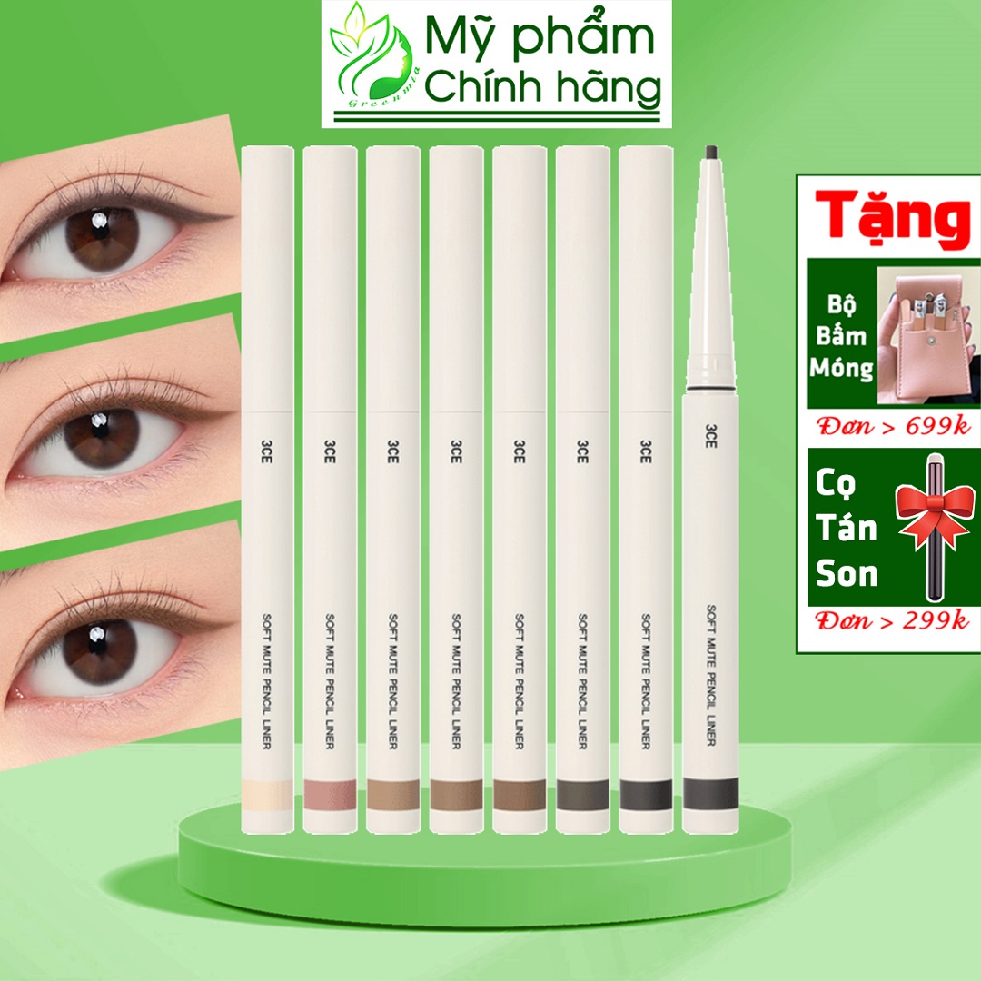 Chì kẻ mắt 3ce soft mute pencil liner dễ kẻ cho tone make up siêu tự nhiên hazel brown acorn brown ash gray mildy black