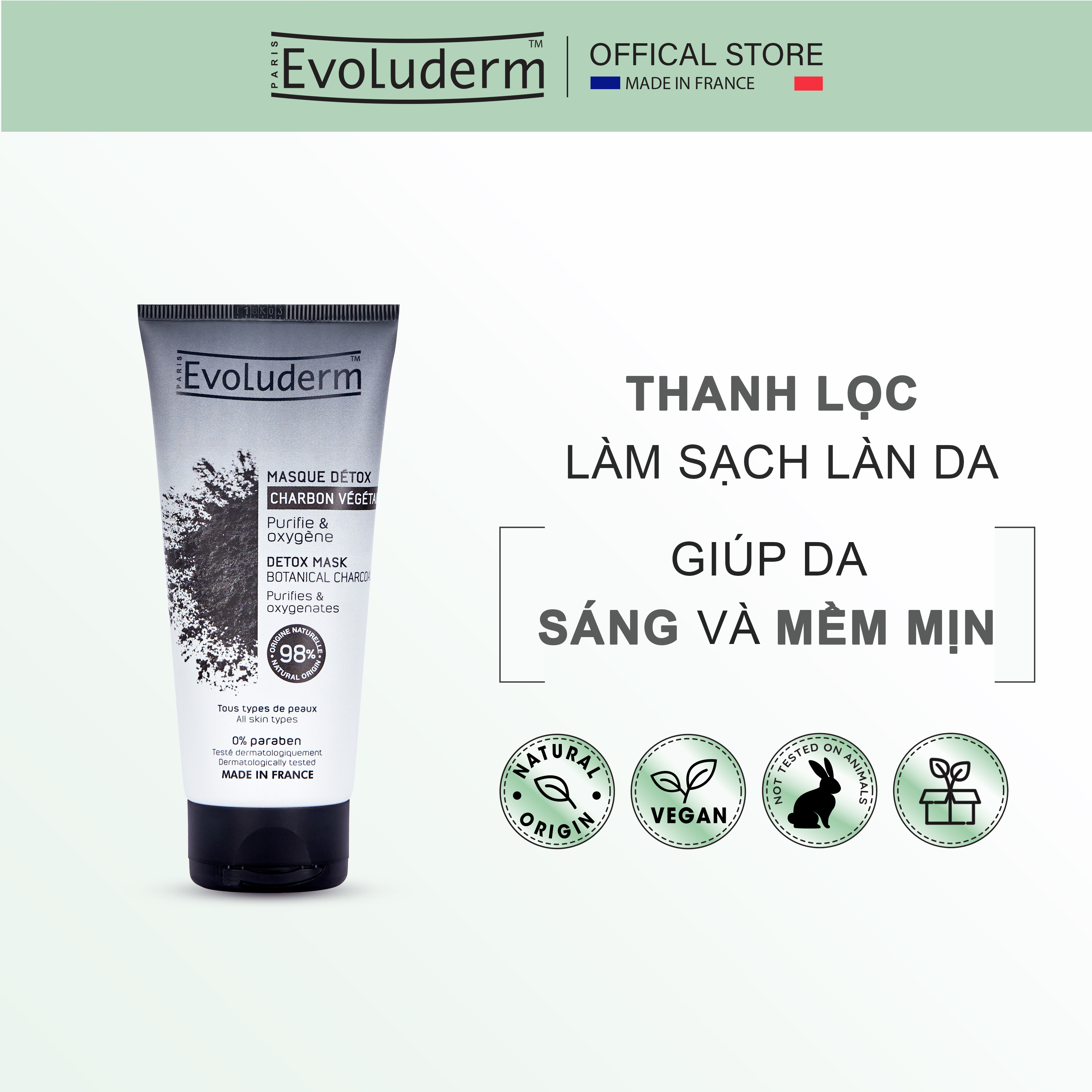 Mặt nạ thải độc Evoluderm tinh chất than hoạt tính – 98% Thành phần tự nhiên 100ml
