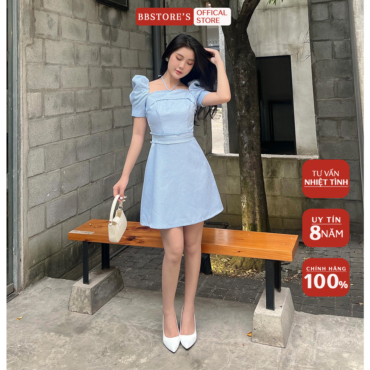 Bbstore's đầm xòe tay phồng công sở dây cột cổ yếm thanh lịch -d1642
