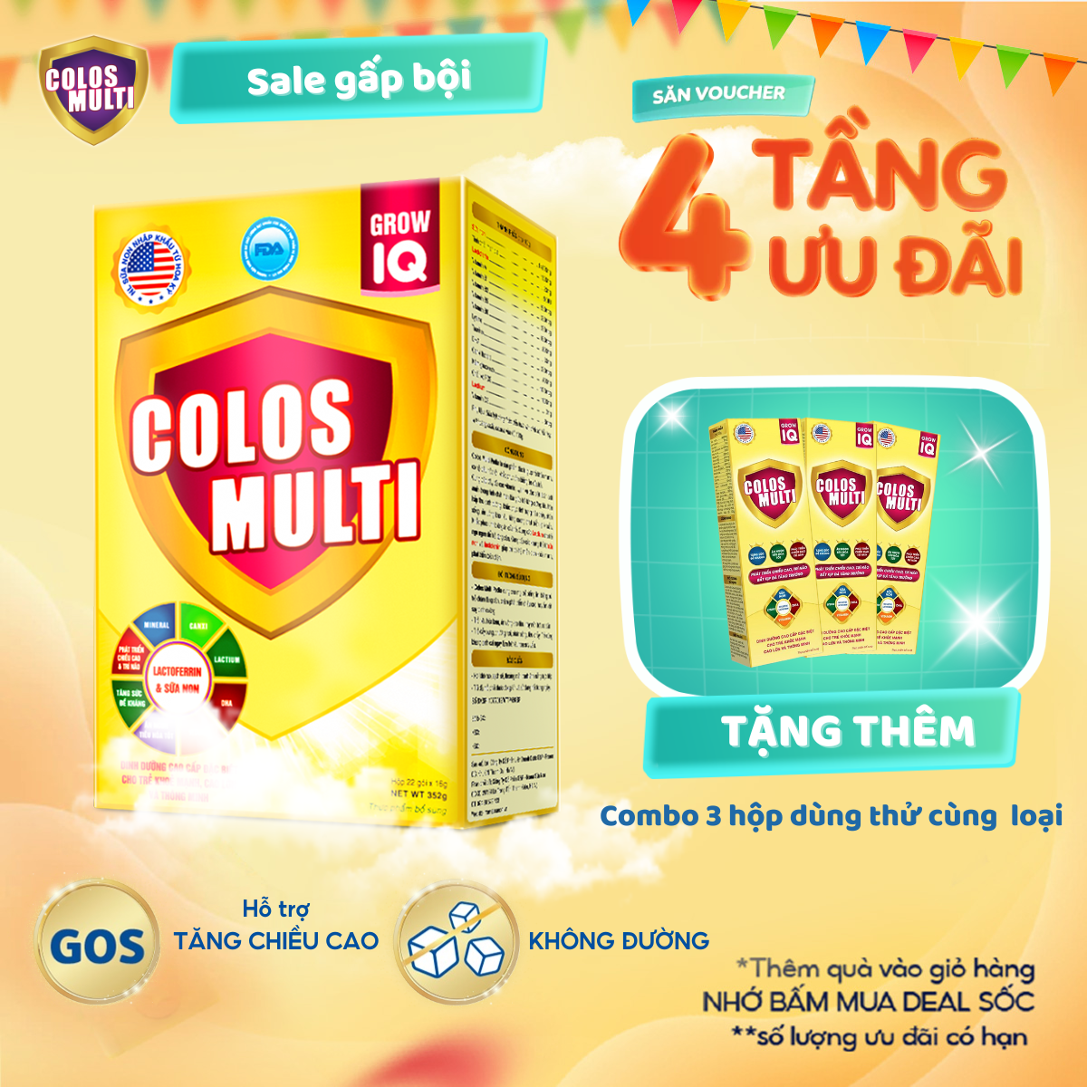 Colosmulti IQ hộp 22 gói x 16g phát triển chiều cao, trí thông minh hỗ trợ tăng cân