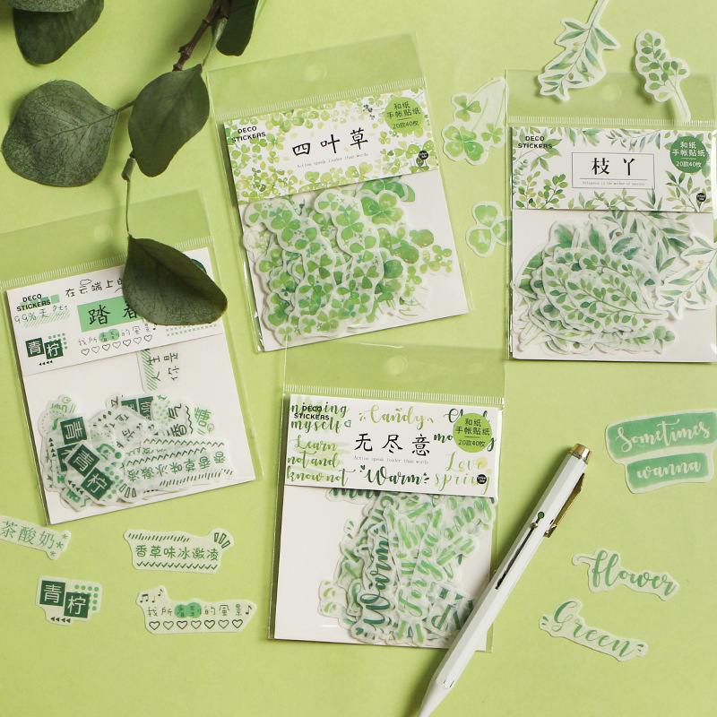 Gói 40 Nhãn dán sticker Xanh lá trang trí sổ tay bullet journal M509