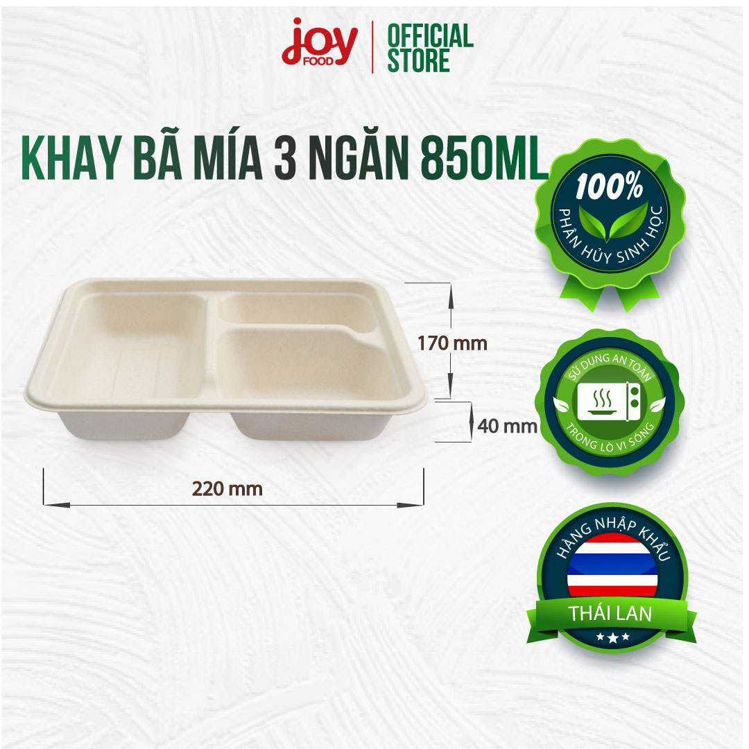 50 khay cơm dùng 1 lần làm từ bã mía, 3 ngăn 800ml/ kèm nắp nhựa
