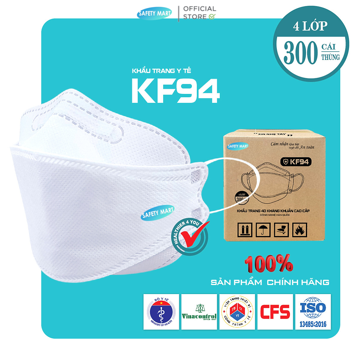 [NEW] Sỉ 1 thùng 300 chiếc khẩu trang y tế KF94  vải kháng khuẩn ôm kín mặt, không bí thở, không lem son môi - Hàng Chính Hãng Safety Mart Official