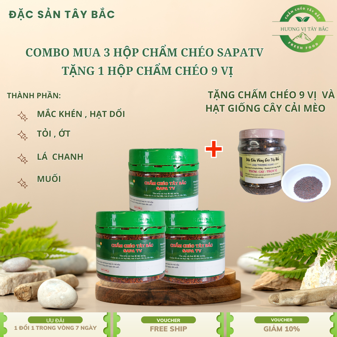 Mua 3 Tặng 2 -3 Hủ Chẩm Chéo SaPa TV 350G Tặng Kèm 1 Hủ Chẩm Chéo 9 Vị Và 1 Gói Cải Mèo Mộc Châu