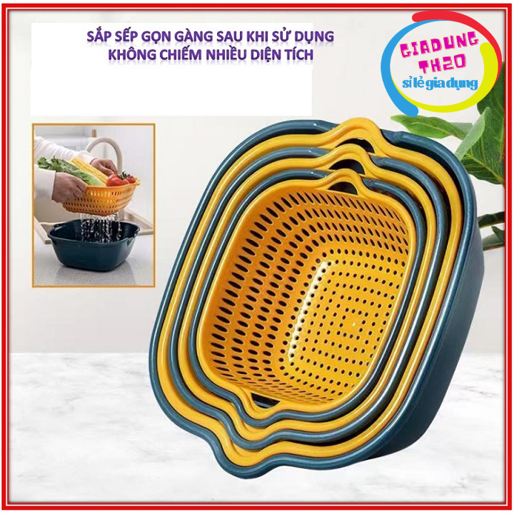 Sét 6 chậu kèm rổ nhựa đa năng - Set 6 món rổ kèm chậu bộ 3 rổ và 3chậu, thau nhựa rửa rau củ đựng hoa quả trái cây 2 lớp - Bộ rổ nhựa kèm chậu có nắp đậy, bộ rổ nhà bếp, rổ nhựa