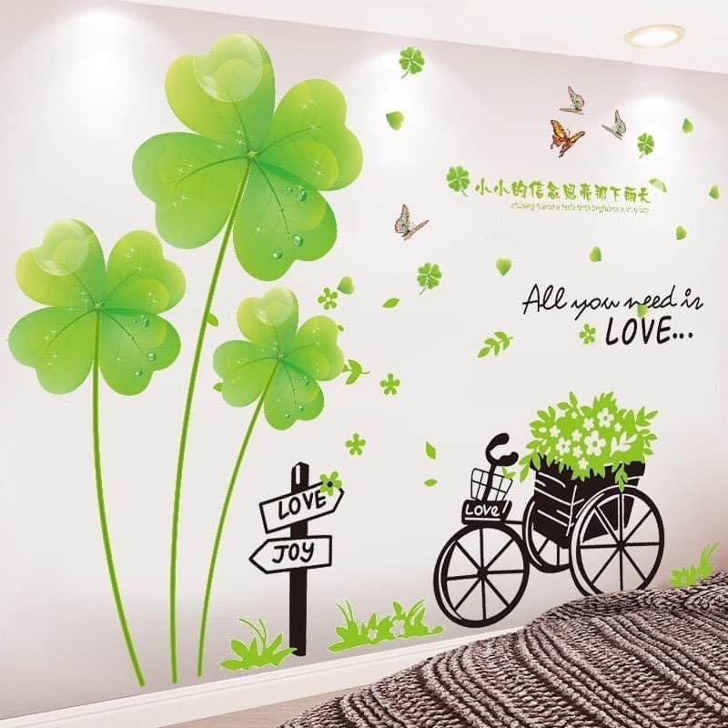 Combo 2 tranh] De-cal dán tường cây cỏ 4 lá và xe đạp điện chở hoa - giành giật dán  tường 3 chiều cỏ tư lá như mong muốn và xe đạp điện chở hoa 