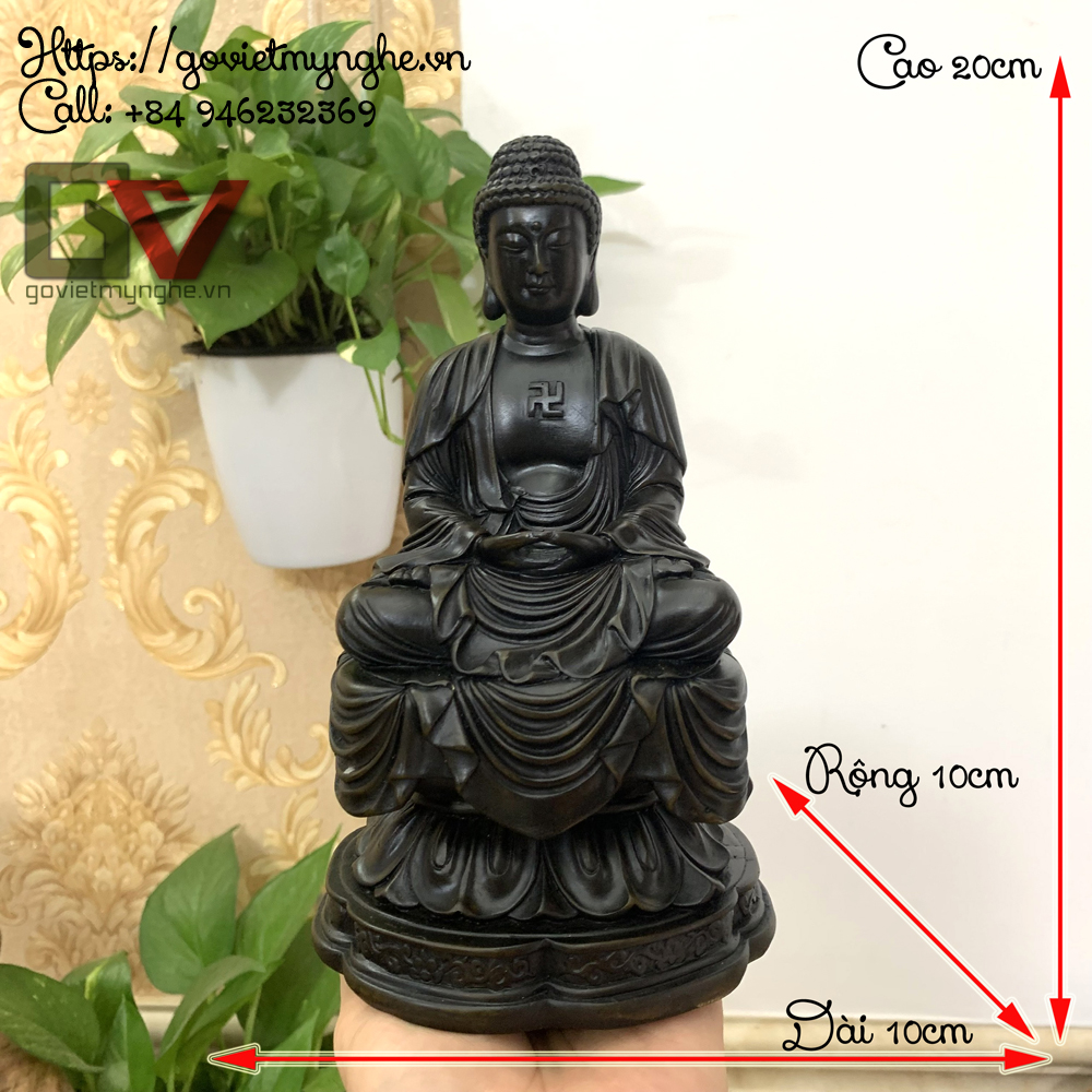 Tượng đá trang trí phòng thờ Đức Phật A Di Đà ngồi bắt thiền ấn trên tòa sen - Chiều Cao 20cm - Màu Nâu Đen