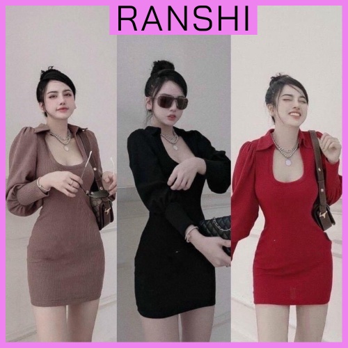 Đầm body cổ vuông ranshi váy body dài tay đang ngắn tay phồng thiết kế sang chảnh - rbd045