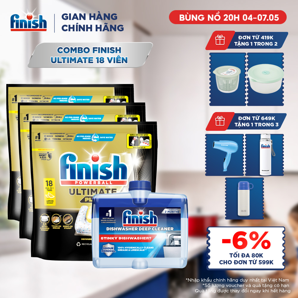 Combo 3 Túi Rửa Chén Bát Finish Powerball Ultimate Plus Intensive Lemon Sparkle 18 Viên + Dung Dịch Vệ Sinh Máy Finish 250ml