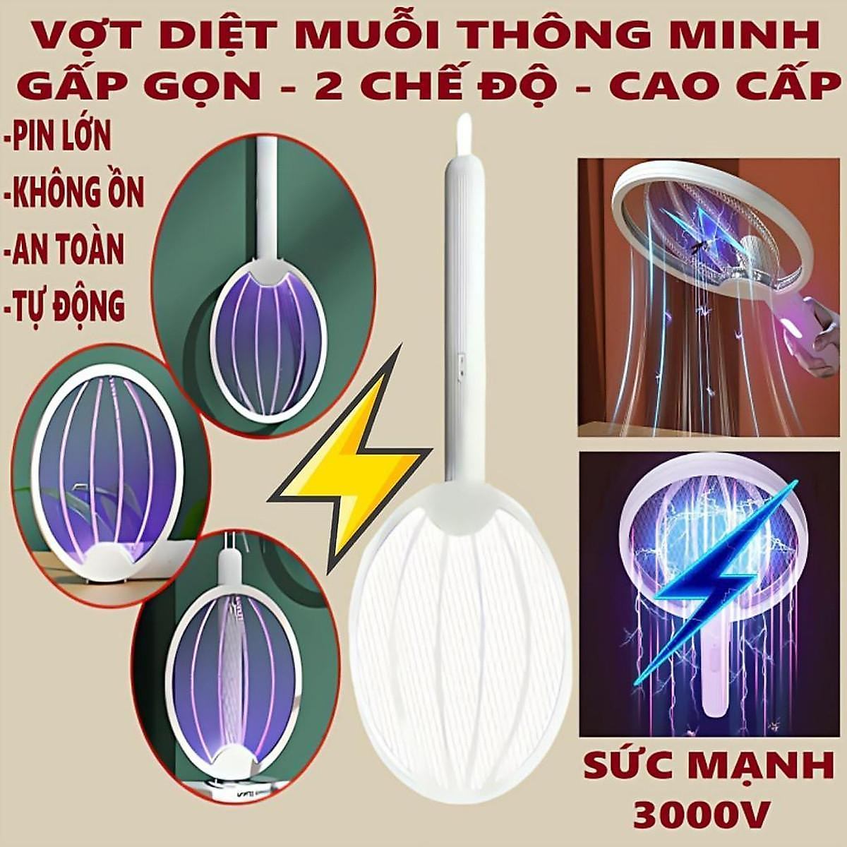 Vợt muỗi thông minh điện quang,3 chế độ,đèn điện quang thu hút muỗi kết hợp đèn ngủ,gấp gọn 180 độ siêu tiện lợi