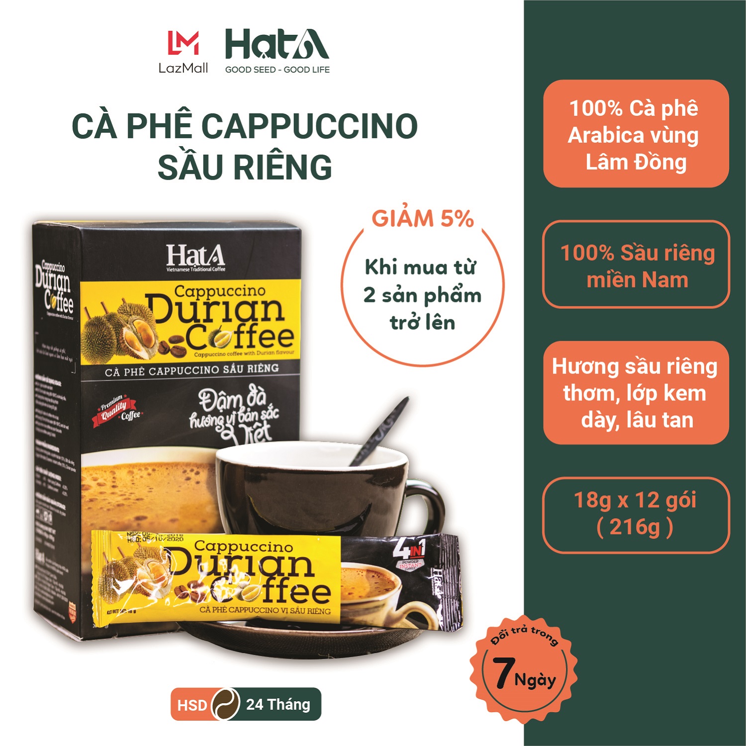 Cà phê hoà tan Cappuccino sầu riêng 4 In 1 Hạt A Cafe Vị Sầu Riêng Tự Nhiên - 216g/ 12 Gói