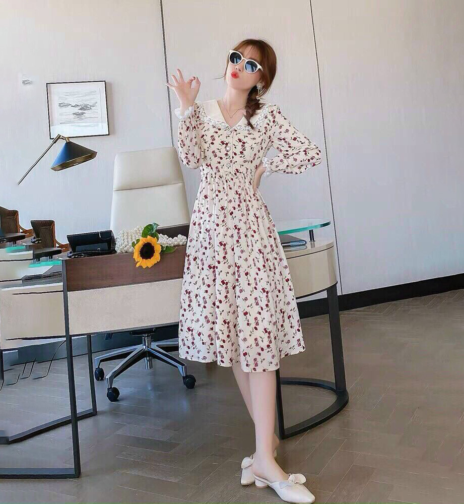 Đầm Váy Nữ Chất Voan Họa Tiết Hoa Cổ Tim Đính Cúc Cườm Tay Dài Thiết Kế Sang Chảnh Đi Làm Công Sở, Đi Chơi Du Lịch Cực Xinh Đẹp Beta Fashion, Free Size (40-55) Ký Mặc Vừa Nha