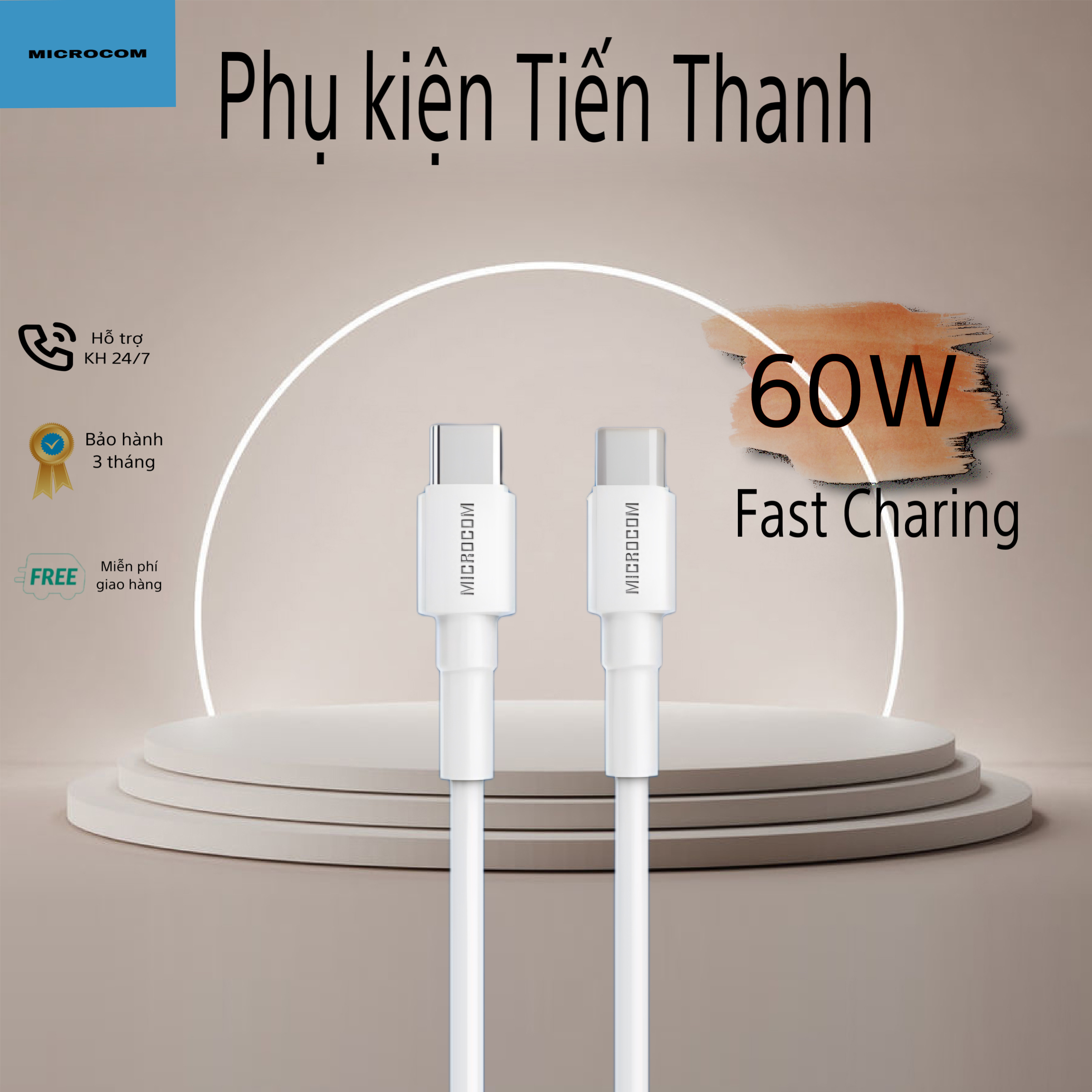 Dây cáp sạc nhanh 2 đầu typec - 60w microcom, chiều dài 1m - 2m