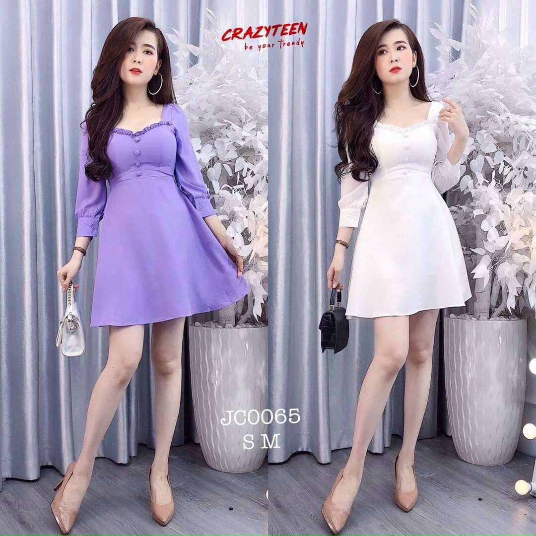 [HCM]Đầm tiểu thư tay bo dễ thương hai màu  ( màu trắng và màu tím )
