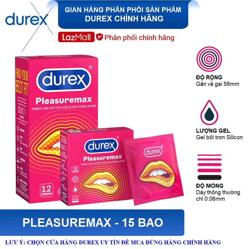 Bộ Bao cao su Durex Pleasuremax 12 bao - Gân và gai, size 56mm + Bao cao su Durex Pleasuremax 3 bao