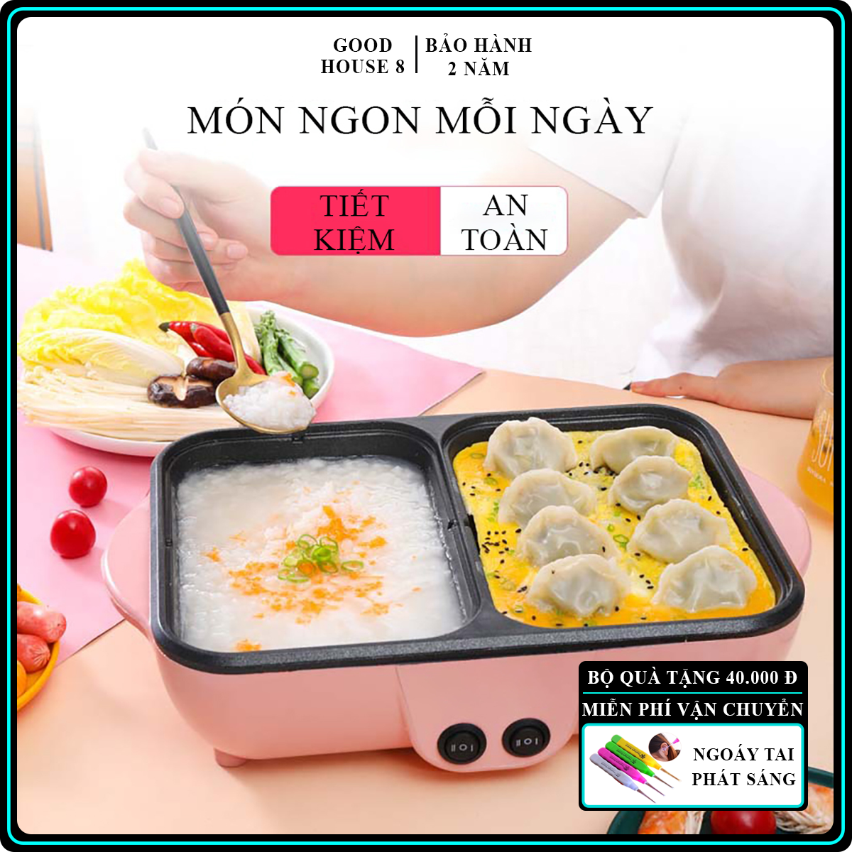 Nồi lẩu điện mini đa năng 2 ngăn, Nồi nướng điện siêu tốc chống dính thế hệ mới, tiện dụng cho mọi gia đình. Bảo hành 12 tháng - lỗi đổi mới trong 7 ngày
