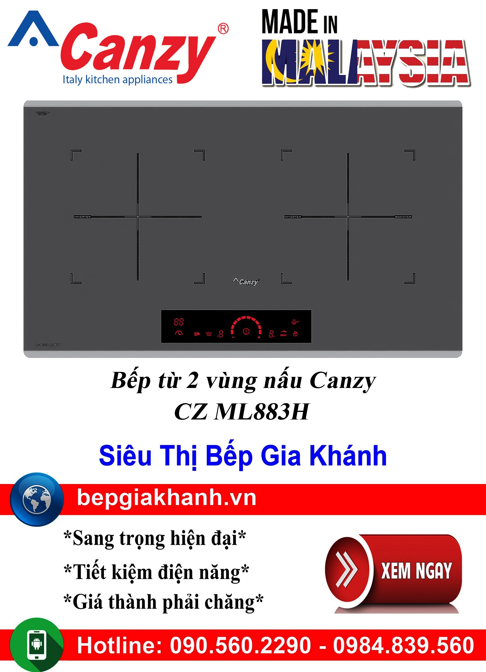 [HCM]Bếp từ đôi cao cấp Canzy CZ ML883H nhập khẩu Malaysia, bếp từ, bếp điện từ, bếp từ đôi, bếp điệ