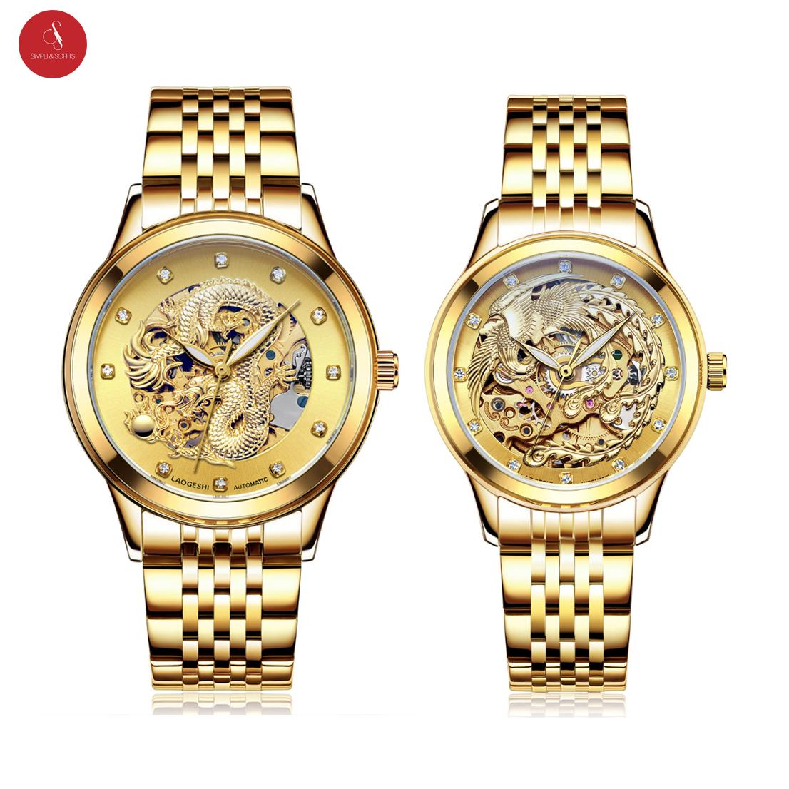 Đồng hồ cơ Unisex LAOGESHI 3688 RỒNG/ PHƯỢNG (Viền vàng/ bạc/ đen ) + Tặng hộp đựng đồng hồ thời trang