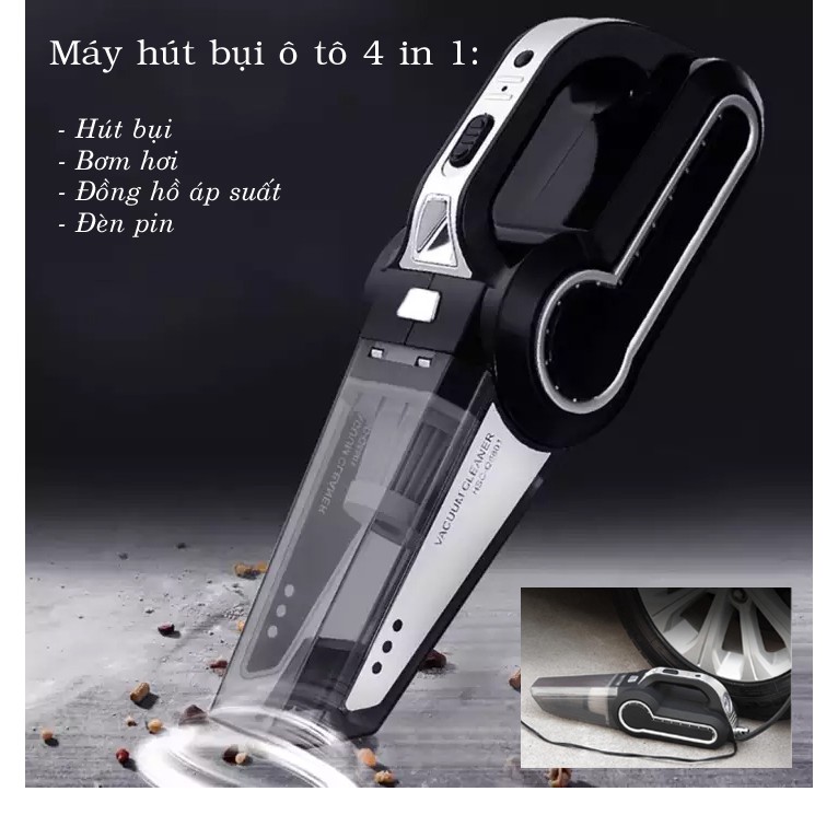 Máy Hút Bụi Đa Năng Xe oto 4 Trong 1 Car Vacuum Clean, Máy hút bụi xe hơi ô tô cầm tay 4 trong 1 kiêm bơm lốp đèn pin và áp suất có thể hút cả khô và ướt - Máy hút bụi cầm tay oto, xe hơi kiêm bơm lốp xe đa năng