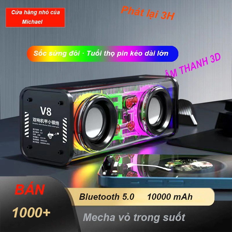 Loa Bluetooth V8 Trong Suốt Armor Led GRBBluetooth 5.0 âm lượng mạnh âm thanh vòm 3D âm trầm thừa cân