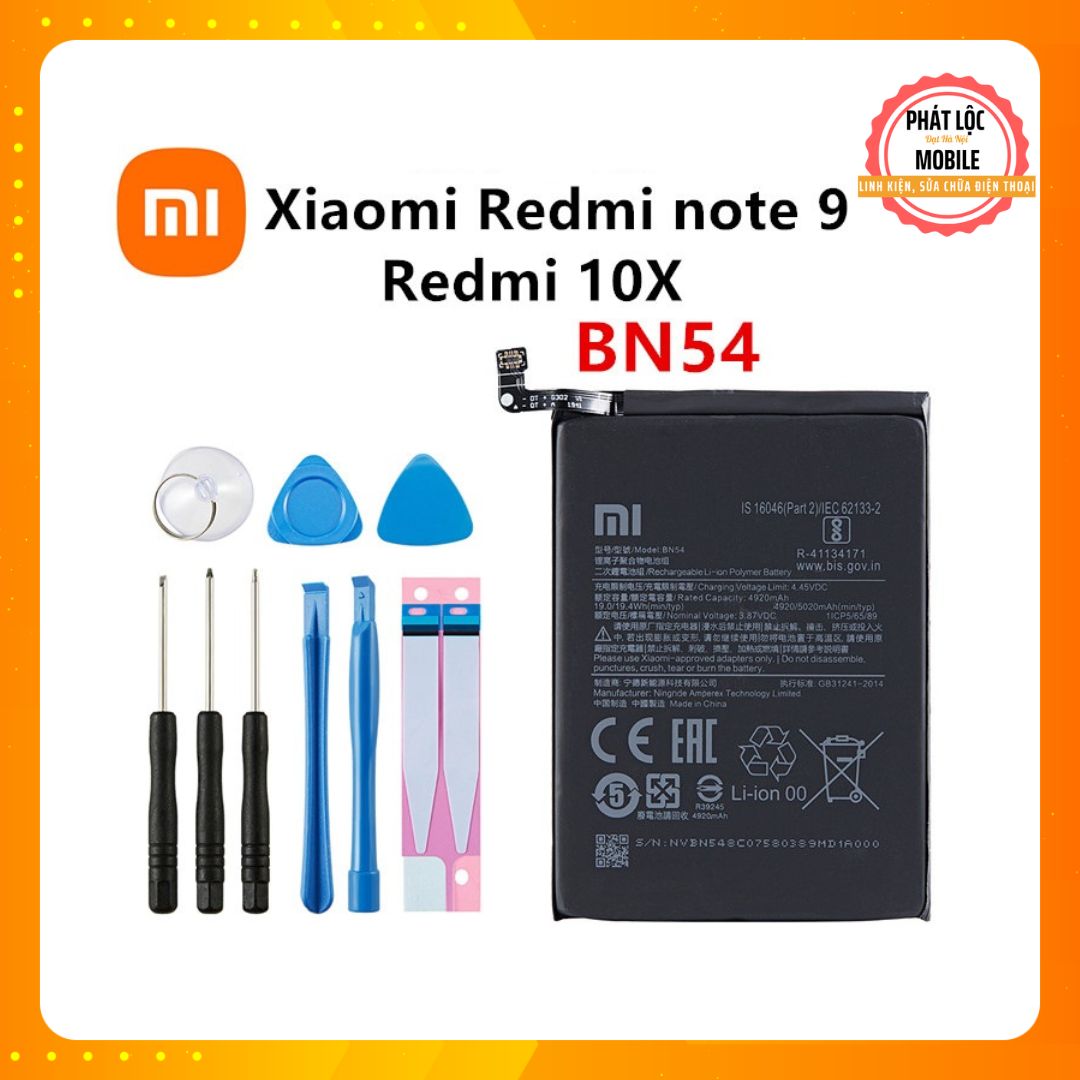 Pin xiaomi redmi note 9/ redmi 10x, mã pin bn54, dung lượng 5000mah, bảo hành 3 tháng, tặng kèm bộ tua vít mở máy hoặc keo dán