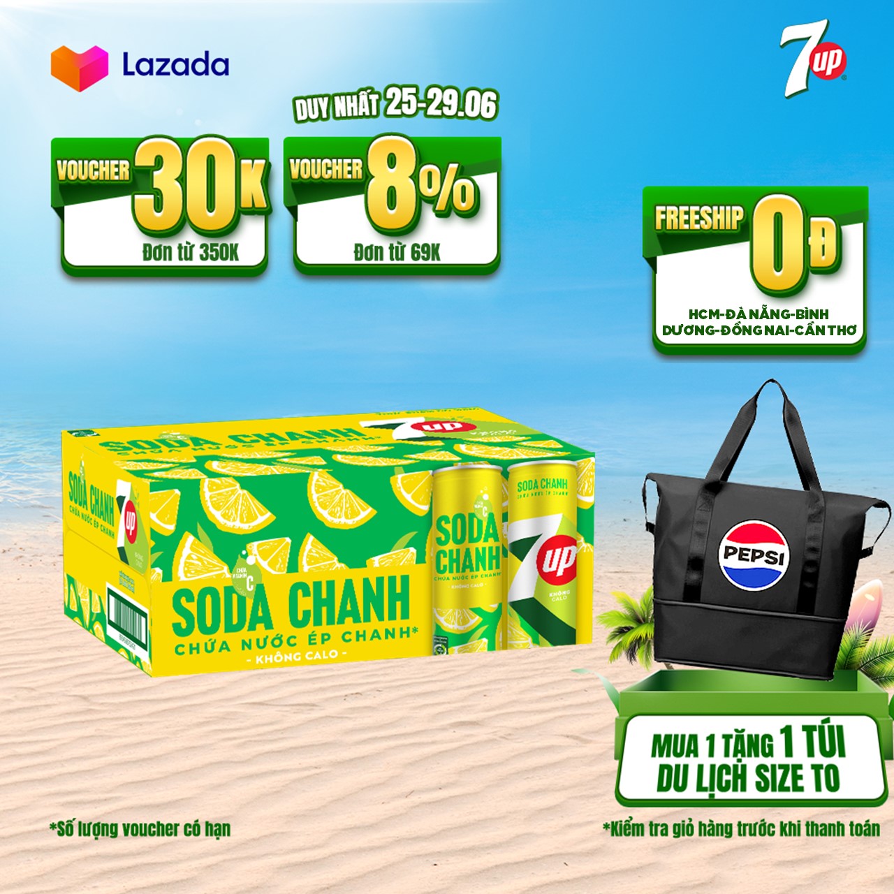 Thùng 24 Lon Nước Uống Có Gaz 7UP Soda Chanh Không Calo (320ml/lon)