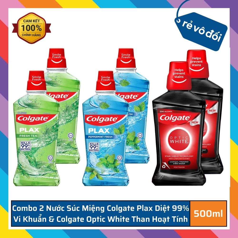 Combo 2 Nước Súc Miệng Colgate Plax Diệt 99% Vi Khuẩn Trà Xanh, Bạc Bà & Colgate Trắng Răng Optic White Than Hoạt Tính 500ml/chai - Thái Lan