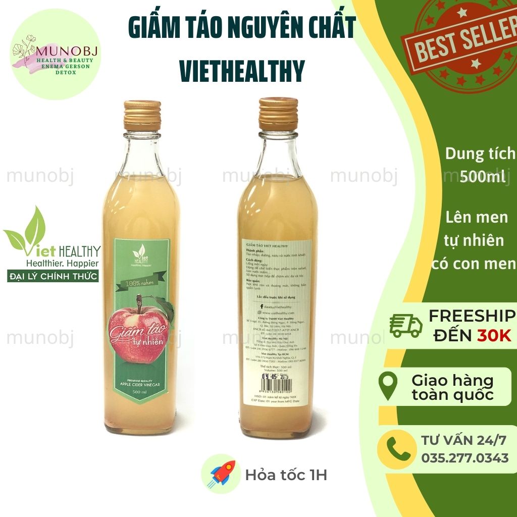Giấm táo nguyên chất Viet Healthy tự nhiên có con giấm chai 500ml hỗ trợ giảm cân