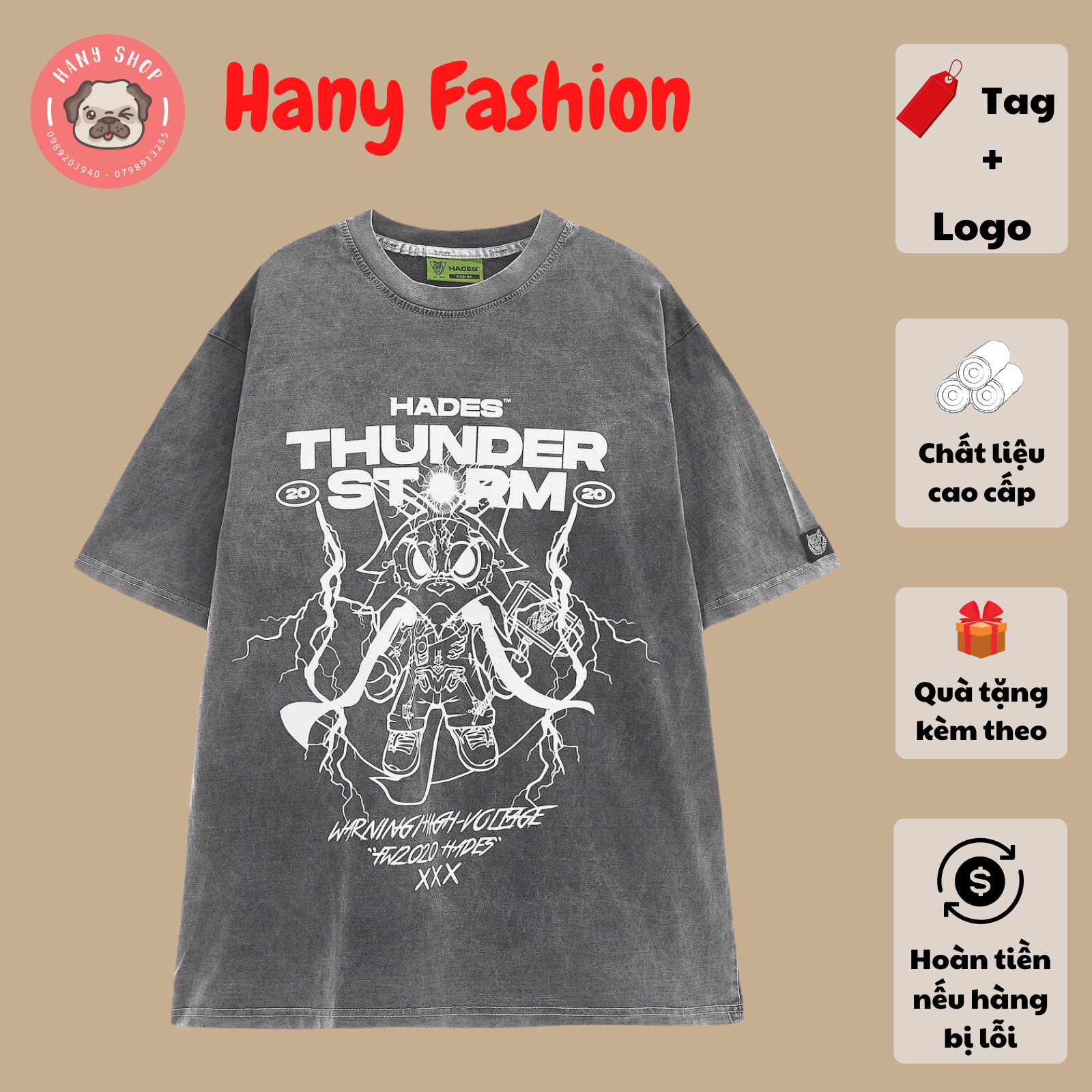 Áo thun Hades Thunder Storm màu xám vải wash cao cấp full tag Hany Fashion AL96