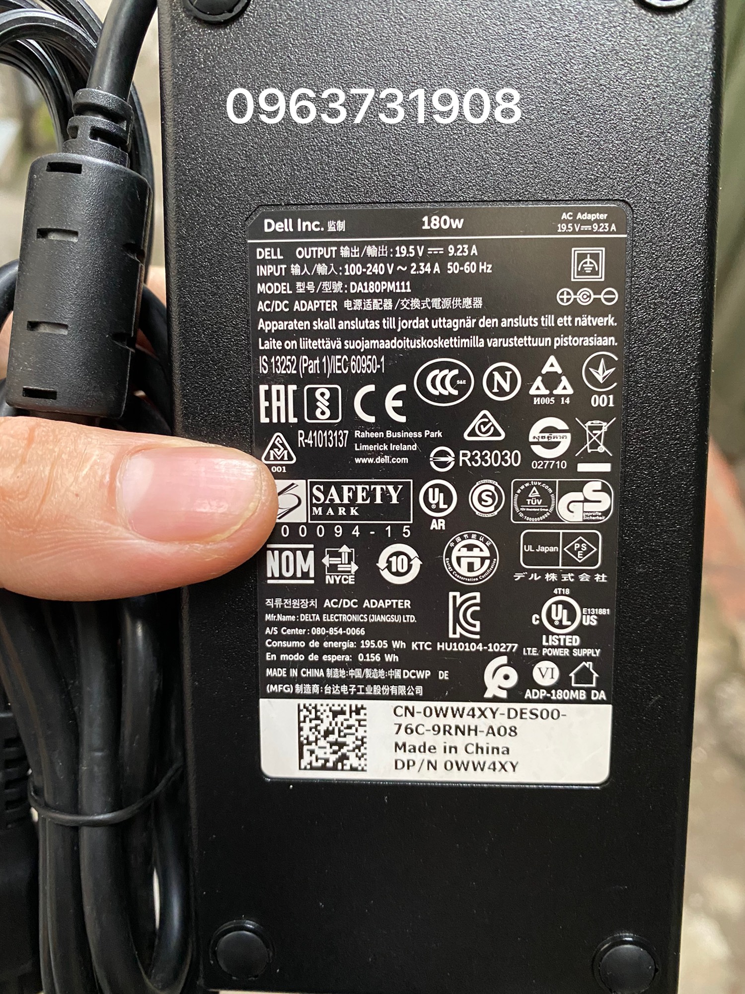 Bộ sạc laptop Dell 180w 19.5V-9.23A Model DA180PM111 zin theo máy