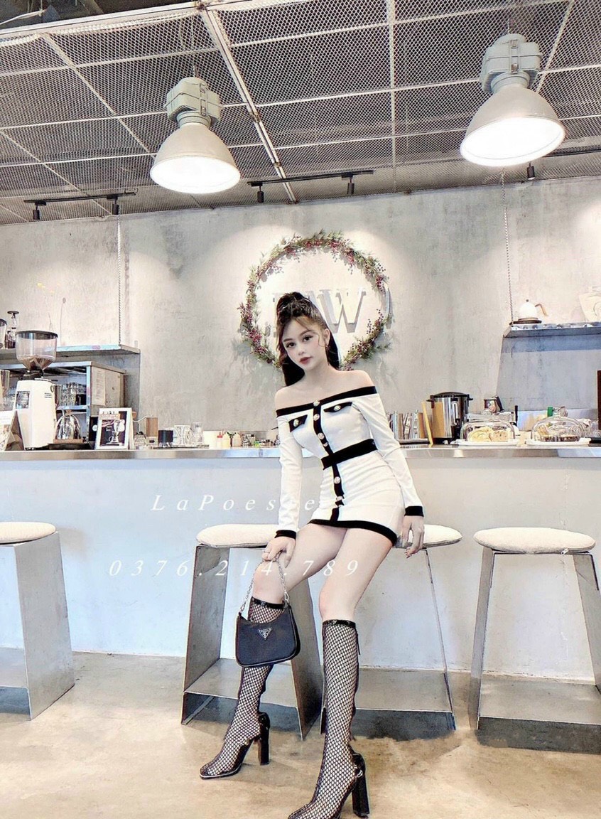 đầm ôm body tay dài bẹt vai phối nút viền màu chất thun gân dày dặn tôn dáng cực đẹp m35346